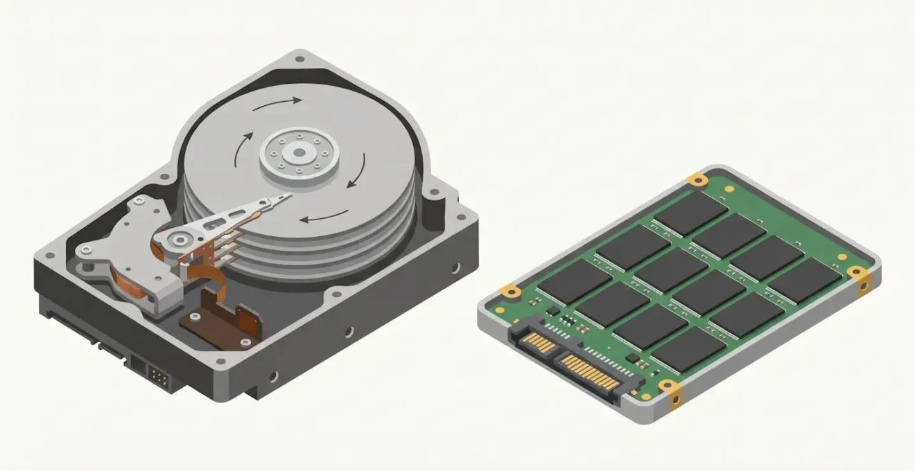 Illustration en éclaté isométrique comparant l'architecture interne d'un HDD mécanique et d'un SSD à puces NAND Flash
