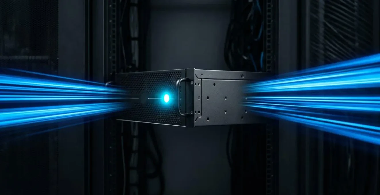 Serveur rack moderne avec LED bleue entouré de traînées de lumière symbolisant la vitesse de transfert de données d'un SSD