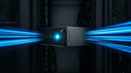 Serveur rack moderne avec LED bleue entouré de traînées de lumière symbolisant la vitesse de transfert de données d'un SSD